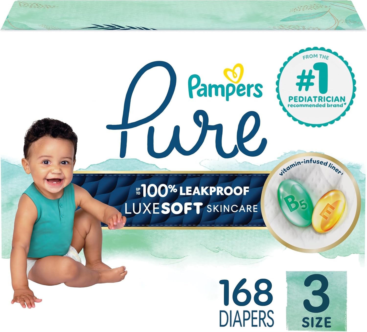 Pampers Baby Diapers - Pure Protection - Size 3, 168 Count, for up to 100% Leakproof, Premium Plant-