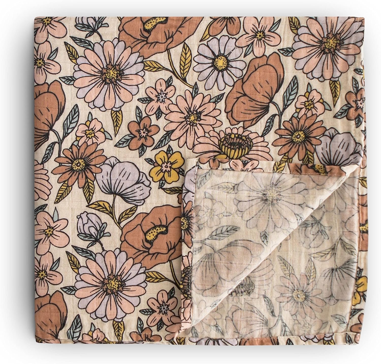 mushie Muslin Baby Swaddle Blanket | 100% Organic Cotton (Retro Flowers)